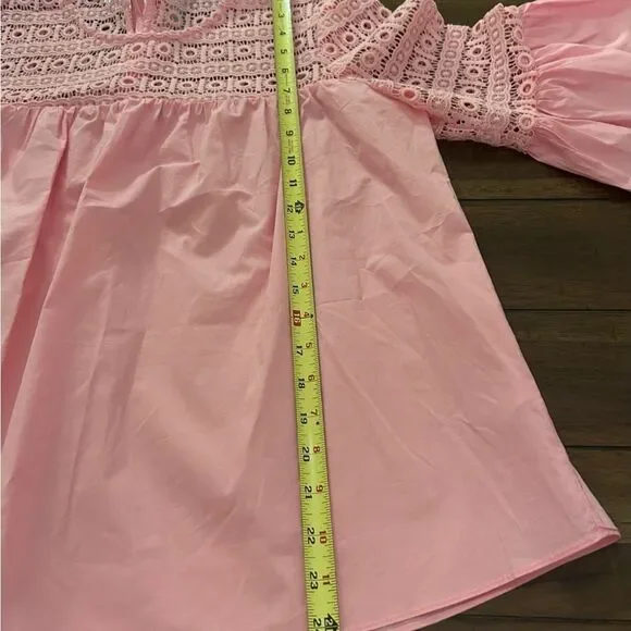 Anthropologie Endless Rose Pink Lace Poplin Bell Sleeve Blouse Large TJ027T - Picture 11 of 14